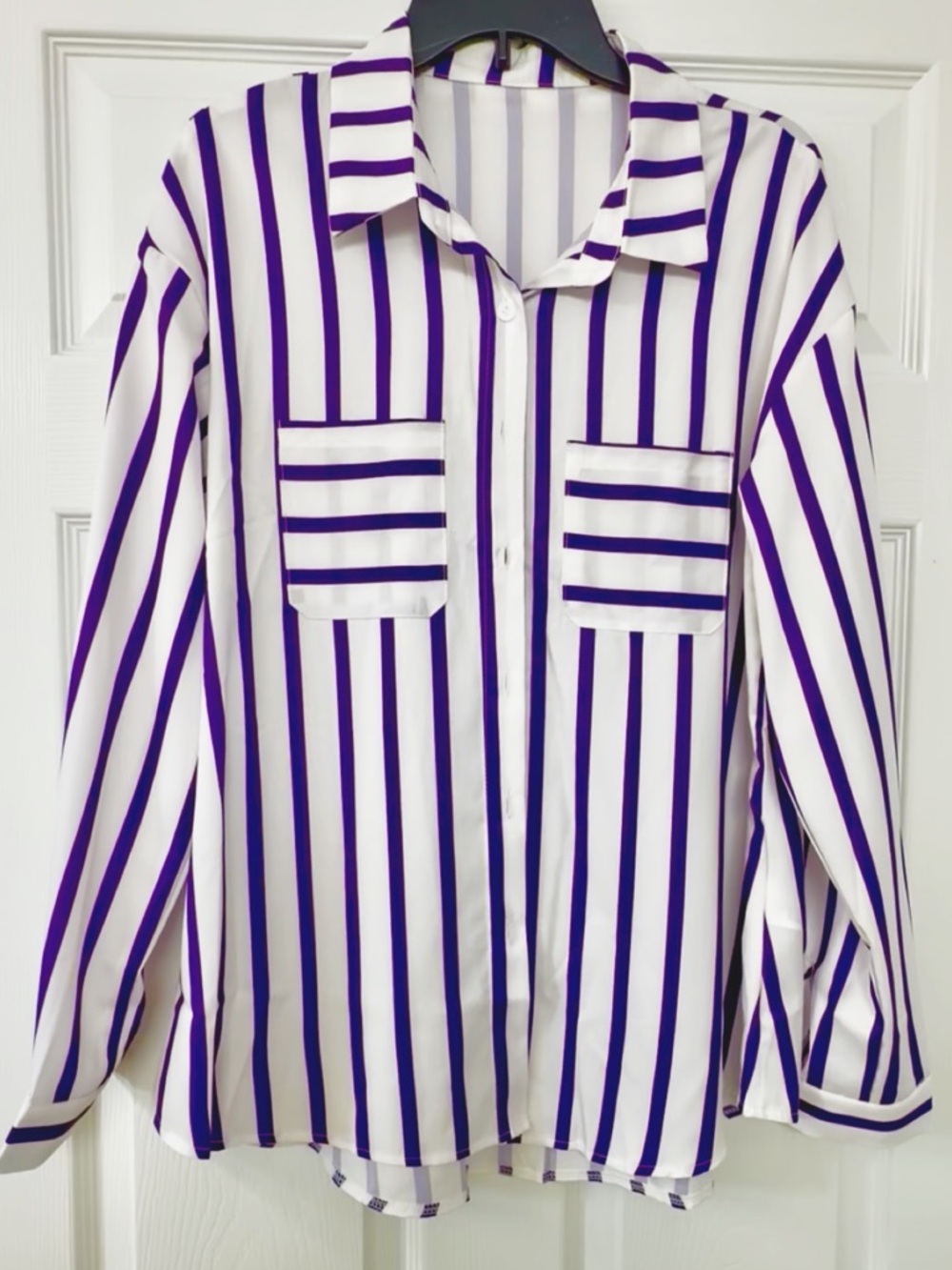 Women's White Button-Down Shirt with Purple Stripes (Brand New Without Tag)